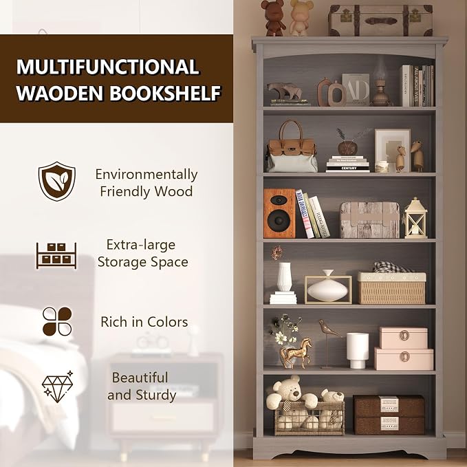 TVU 6-Tier Wooden Bookshelf, 76 Inch Tall Bookshelf with Storage, Floor Standing Modern Style Display Bookcase for Living Room, Office, Study Room, Entryway, Grey