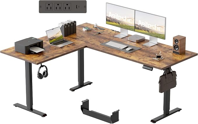 Agilestic 63 x 55 Inch L Shaped Standing Desk with Powerstrip, Rustic Brown | Outlets, Cable Management, Corner Desk, Ample Workspace, Memory Presets, Hooks, Stable Steel Frame,176 lbs, Splice Board