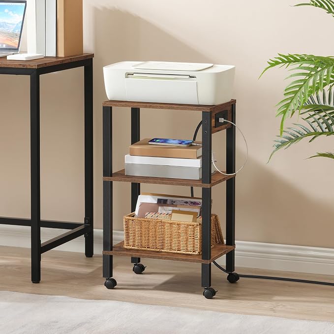 HOOBRO 3-Tier Printer Stand with Charging Station, Under Desk Printer Table, Printer Cart with Storage Shelves, Shelf for Small Spaces, for Home Office, Rustic Brown and Black BF63UPS01