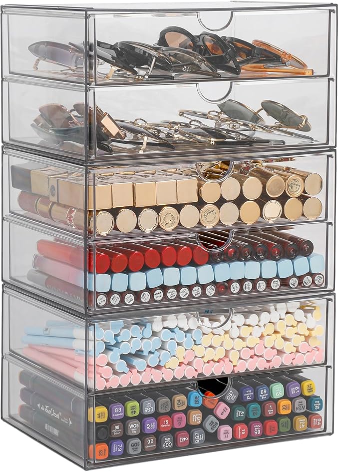 Clear Desk Drawer Organizer, 6 Drawers, Plastic | Stackable Desk Organizers and Accessories, For Pencils, Books, Art Crafts, Makeup, For Home Office, Bathroom, Kitchen