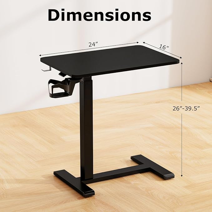 Tangkula Mobile Standing Desk, Pneumatic Height Adjustable Rolling Desk with Cup Holder & Headphone Hook, Overbed Table with Hidden Wheels, Laptop Computer Cart for Couch, Home, Office (Black)