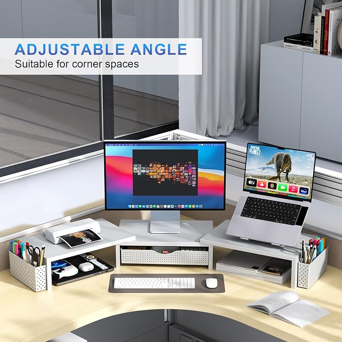 gianotter Dual Monitor Stand Riser With Drawer and 2 Pen Holders | Computer Monitor Stand Desk Organizer and Accessories Desk Shelf for Top of Desk (White)