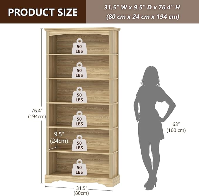 TVU 6-Tier Wooden Bookshelf, 76 Inch Tall Bookshelf with Storage, Floor Standing Modern Style Display Bookcase for Living Room, Office, Study Room, Entryway, Natural Wood Color