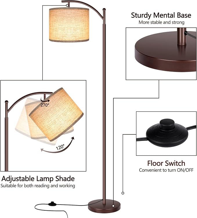 Floor Lamp for Living Room, LED Standing Lamp Tall Industrial Floor Lamp Reading for Bedroom, Office (9W LED Bulb, Beige Lampshade Included) -Oil-Rubbed Bronze