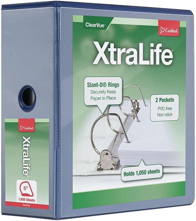 Cardinal 3 Ring Binder, 5 Inch Heavy Duty XtraLife Binder, Locking Slant-D Rings, Crack-Resistant Cover & Spine, ClearVue Covers with Shelf Pull, Holds 1,100 Sheets, Blue (26352)