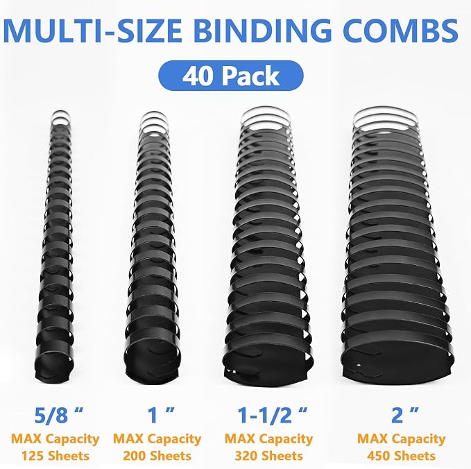HOUYEE 40 Pack Plastic Binding Combs, 19 Rings, Multi-Size, Black | Large Comb Binding Spines 5/8 Inch, 1 Inch, 1-1/2 Inch,2 Inch, Binder Combs for Letter Size, for Office School