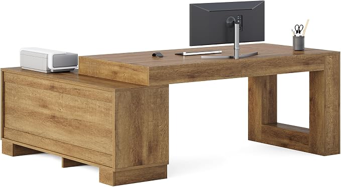 LITTLE TREE L Shaped Executive Desk, Large 63" Executive Desk with File Cabinet, Modern L Shaped Desk, Corner Computer Desk for Home Office & Business Furniture Workstation, Brown