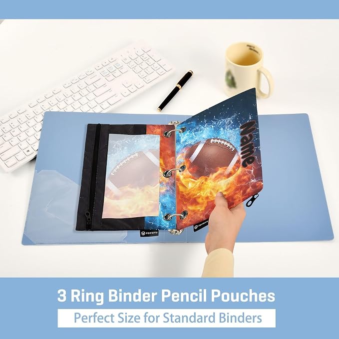 Custom American Football Fire Water Pencil Pouch for 3 Ring Binder, 2 Pack Personalized Name Waterproof Pencil Bags Clear Window Pencil Case School Office Supplies