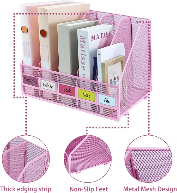 Desk Organizers, Metal Magazine File Holder with 5 Vertical Compartments Rack Binder File Organizer for Office Supplies, Home Workspace - Pink