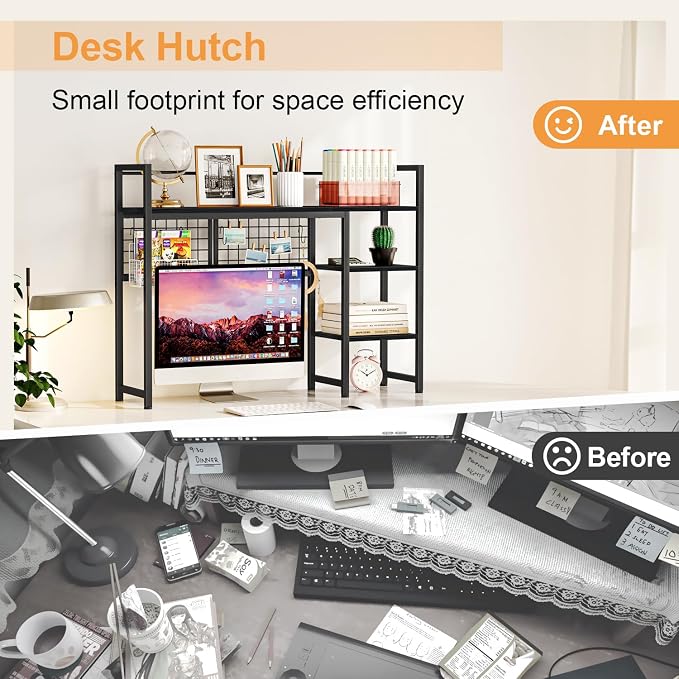 Snughome Desk Shelf, 38.6" Desktop Organizer Shelf, Desk Hutch for Computer Monitor, 4 Tier Desk Display Rack with Pegboard Hooks Set, Wood Desktop Bookshelf for Home Office Dorm, Black