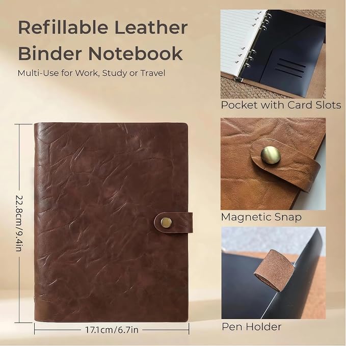 Refillable A5 Leather Binder Journal Soft Cover Notebook, Vintage Crinkled Leather Organizer with 6 Ring Binder, 148 Lined Loose Leaf Pages, Pen Holder, Pocket & Card Slots, for Work Study Daily, Coffee