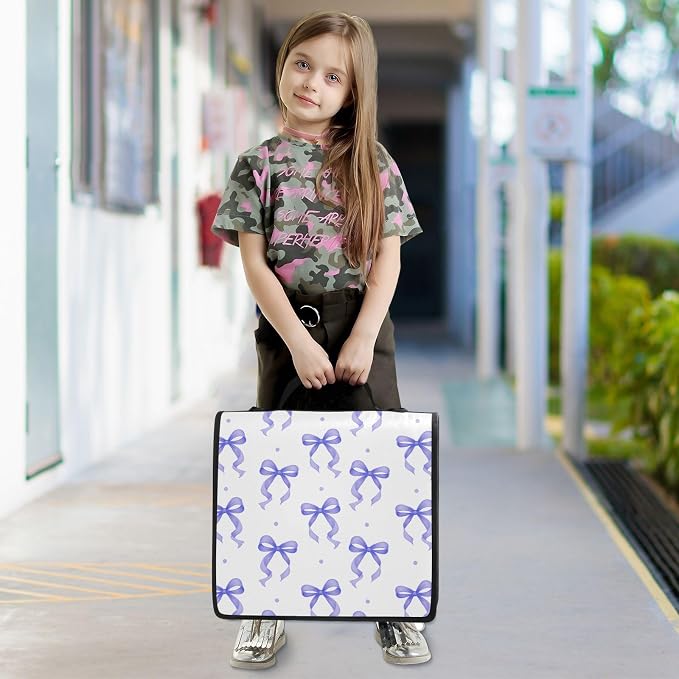 3 D-Ring Zipper Binder Bag, Purple Ribbon Bow Dots Pattern Removable Binder with Zipper Case Hold 300+ Sheets& 13 Inch Laptop for School Office Supplies Organizer