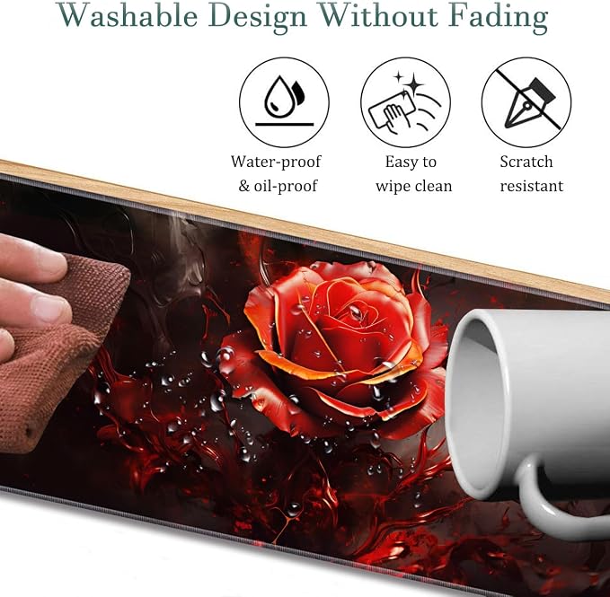 Extended Gaming Mouse Pad 31.5" x 11.8", with Edge Stitching, Non-Slip Rubber Base Keyboard Pad, Suitable for Work, Game, Office, Home and Coasters, Art Red Rose