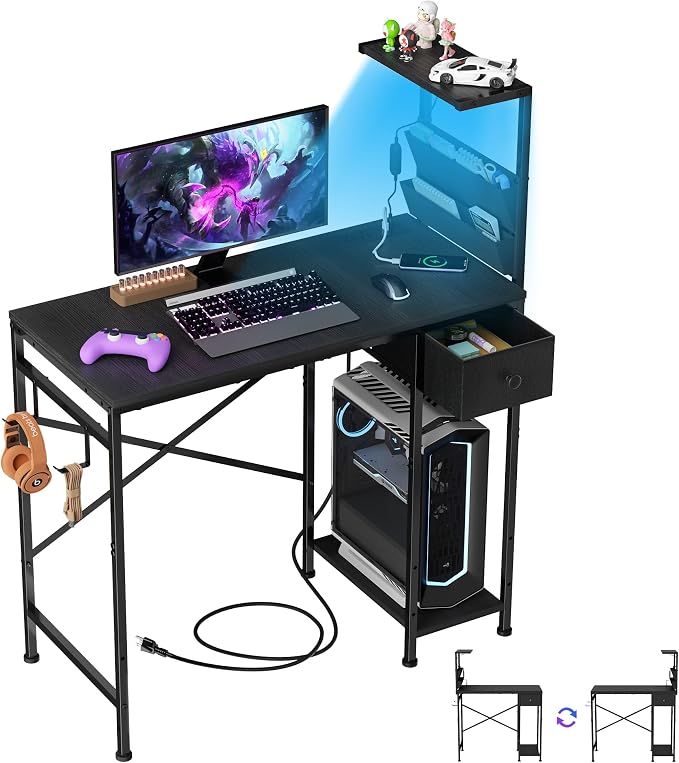 33.7 Inch Small Gaming Desk Table with LED Lights & Power Outlets, Compact L Shaped Gaming Computer Desk with CPU Stand, Drawer & Storage, Corner PC Desk for Kids, Home Office , Bedroom, Black