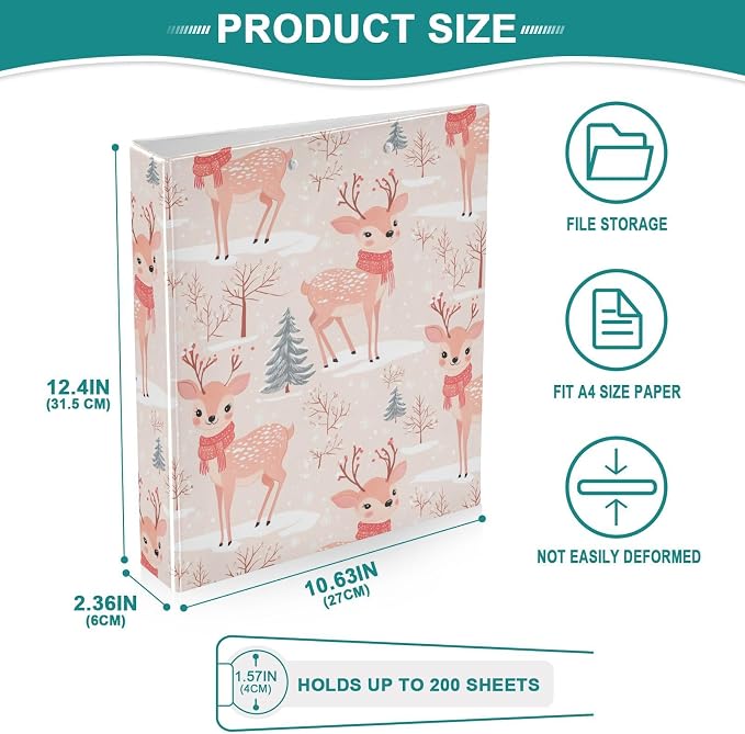 Winter Deer with Red Scarf Pine Tree 3 Ring Binder 1.5" Decorative D-Ring Binder with Clipboard&3 Clear Pockets, Holds 200 Sheets A4 Size Paper Waterproof Binders for School Home Office|2 Pack