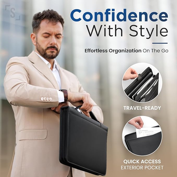 STYLIO Black Zipper Padfolio Portfolio Binder w/Carrying Handle | Organizer for Documents, iPad, Tablet, Notebook | Business Leather Binder for Men Women (No 3-Ring Binder)