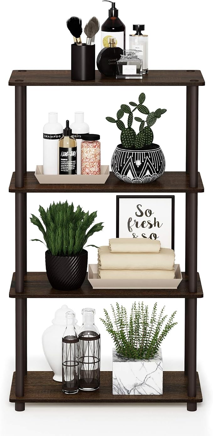 Furinno Turn-N-Tube Storage Shelves, 4-Tier Toolless Book Shelf, Corner Shelf, Open Shelves, for Organization and Storage, Living Room, Garage, Home Office, Walnut