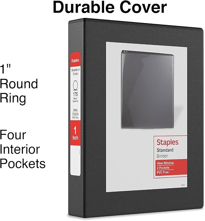 Staples Mini View Binder, 1" Round Ring, Black, 5.5" x 8.5" Compact 3‑Ring Binder for Notes, Planners & Small Documents