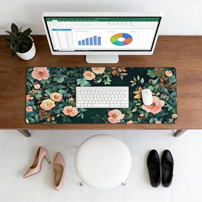 Cute Floral Aesthetic Rose Gaming Mouse Pad, Forest Green Moody Forest Desk Mat with Anti-Slip Base & Stitched Edges,35.4" x 15.7" in Table Mat for Computer Desktop, Beautiful Workstation Decor