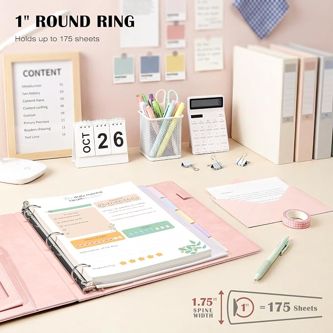 Ospelelf Leather 3 Ring Binder for Letter Size Documents with PVC Pocketed Dividers, Storage Bag & Notepad, 1 Inch Round Rings, Holds 175 Sheets, for Office School Home Organization, Flower Pink