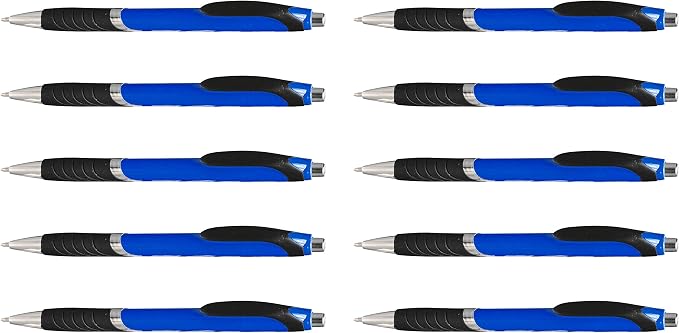 DISCOUNT PROMOS Ballpoint Pens With Rubber Grip - 10 pack - Black Ink Ball Point Pen with Soft Touch Plastic - Blue
