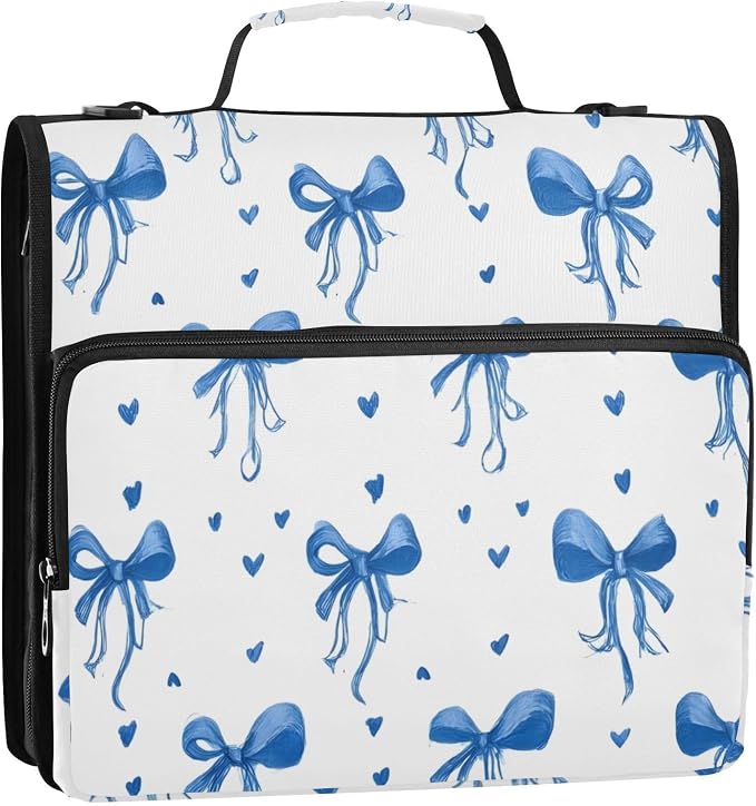 3 Ring Zipper Binder with Shoulder Strap Blue Bows Ribbons Polka Dots 2 Inch Zippered Binder Bag 500 Sheet Capacity Multi Pockets for School Supplies