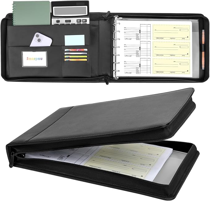 Smarpau Business Checkbook Binder with Zipper Pouch, 7 Ring PU Leather Binder Holds 600 Checks Capacity 9 x 13 Inch Sheet, Portfolio for Executive Office Supplies, Black