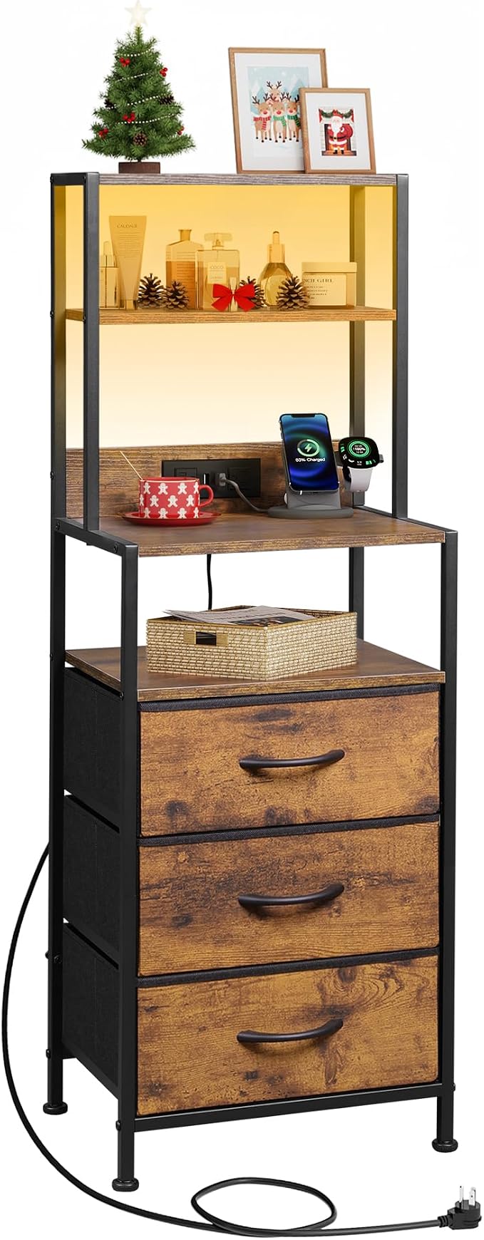 WLIVE Tall Nightstand with 3 Fabric Drawers, Night Stand with Charger Station and Open Shelves, LED Nightstand, Bed Side Table for Bedroom, Living Room, Rustic Brown