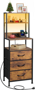 WLIVE Tall Nightstand with 3 Fabric Drawers, Night Stand with Charger Station and Open Shelves, LED Nightstand, Bed Side Table for Bedroom, Living Room, Rustic Brown