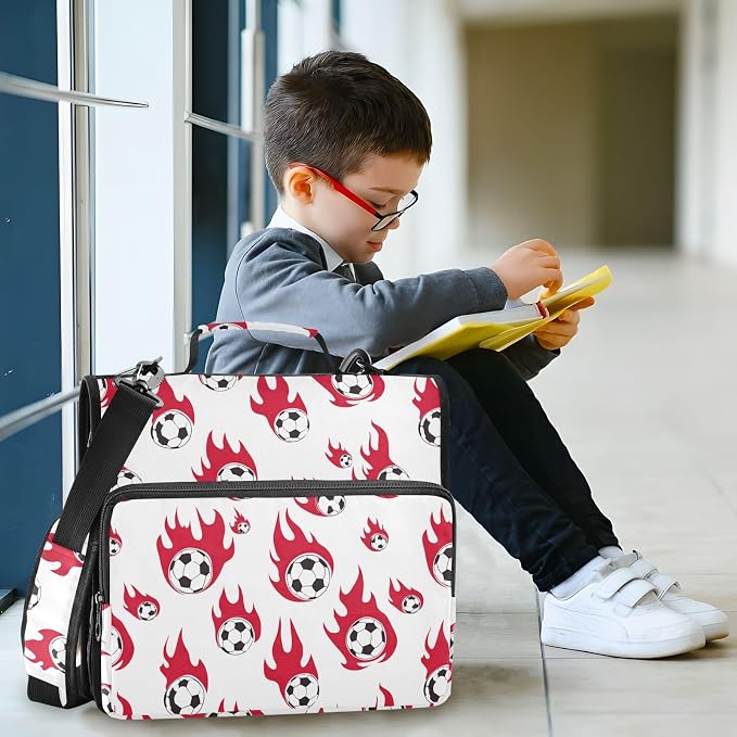 Aslsiy Zipper Binder Bag for Girls Boys Soccer Balls Red Flame Kids 1.5 inch 3-Ring Binder Organizer with Shoulder Strap for School Office Supplies