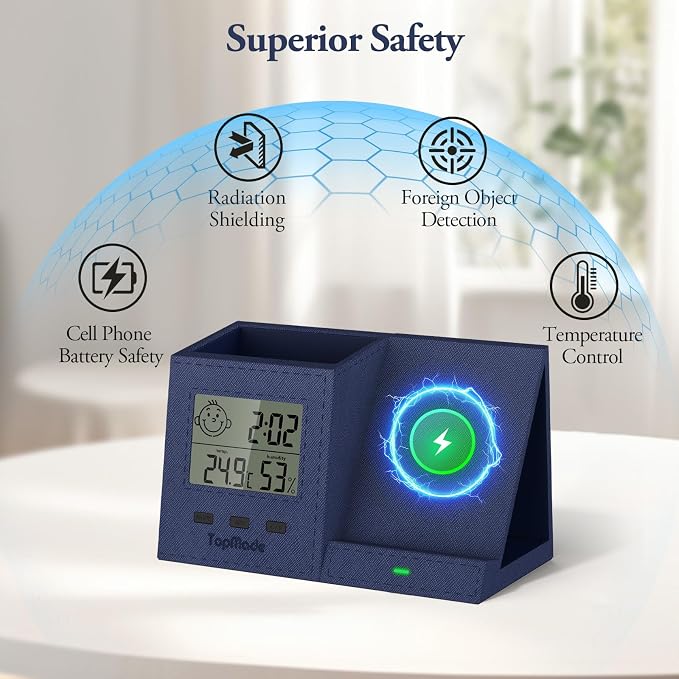 TopMade Wireless Charger with Pen Holder, PU Leather Desk Nightstand Organizer Fast Charging Station, Home Office Supplies Pencil Holder, Digital Thermometer and Humidity Gauge, Gifts for Men(Blue)