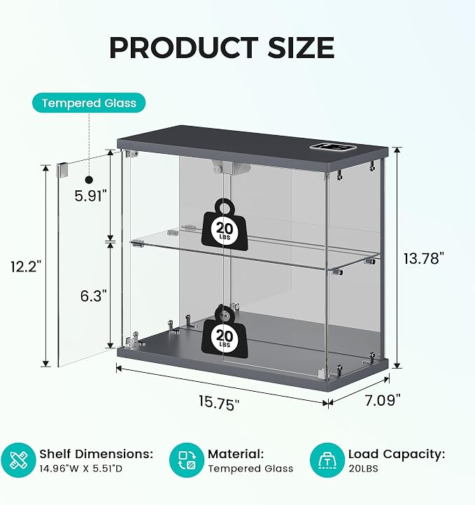 Dystler Glass Display Case with LED Lights, Small 2-Tier for Figures | Lighted Display Cabinet with Motion Sensor, Clear Tempered Glass Door, USB-C Charging Hub for Collectibles, Rocks, Tabletop