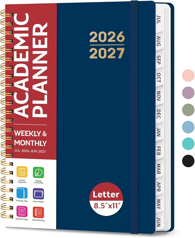 Taja Planner 2026-2027, Jul 2026-Jun 2027 Monthly & Weekly Calendar Book | 8.5" x 11", Hardcover Academic Calendar with Tabs, Teacher Student Agenda Book for School Office Supplies - Navy Blue