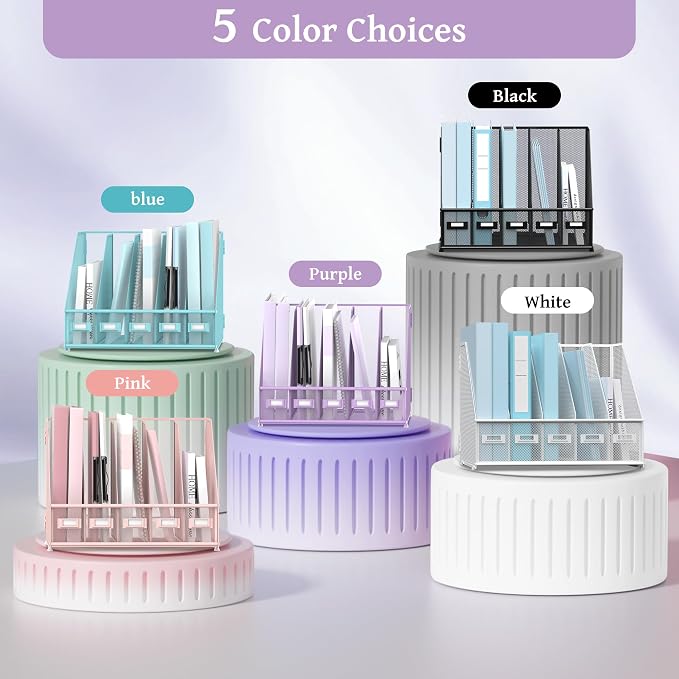 Desk Organizers Metal Desk Magazine File Holder with 5 Vertical Compartments Rack File Organizer for Office Desktop, Classroom, Home Workspace, Purple