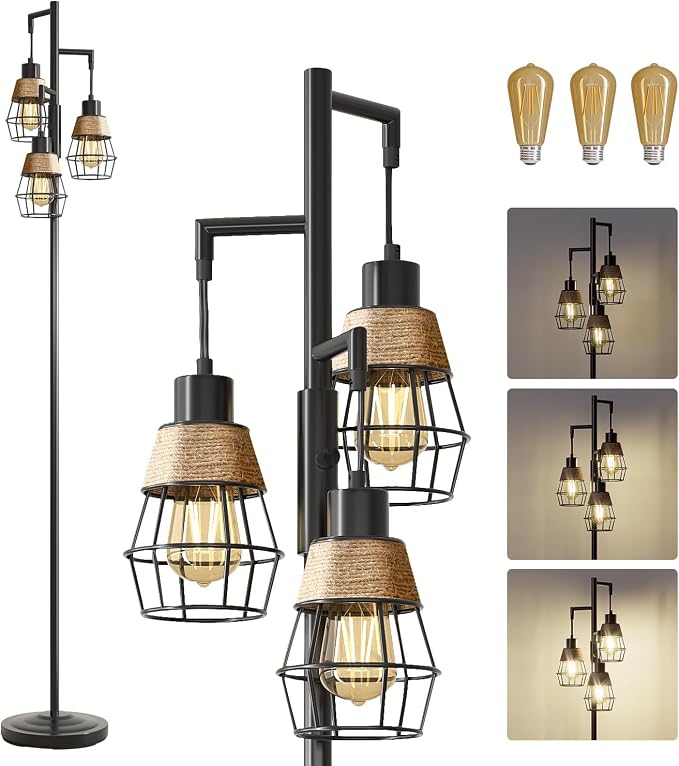 70" Floor Lamps for Living Room, Stepless Dimmable Boho Floor Lamp with 3 Bulbs, Tall Farmhouse Industrial Corner Standing Tree Lamp for Bedroom, Office, Study Room, Dining Room, Black