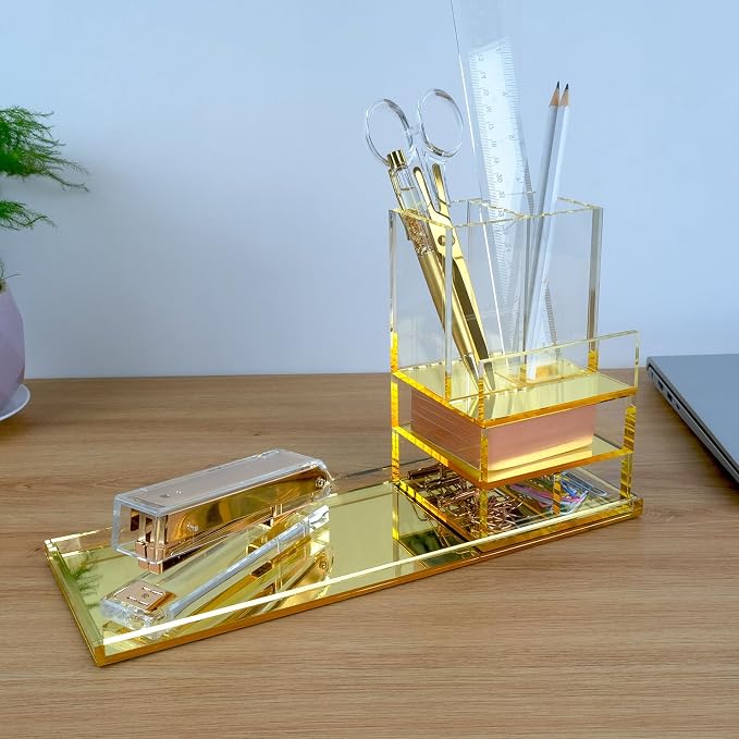 Acrylic Desk Organizer 4-Piece Desk Kit + Free Complimentary Acrylic Ruler, Desktop Organization for Office or Home (Gold)