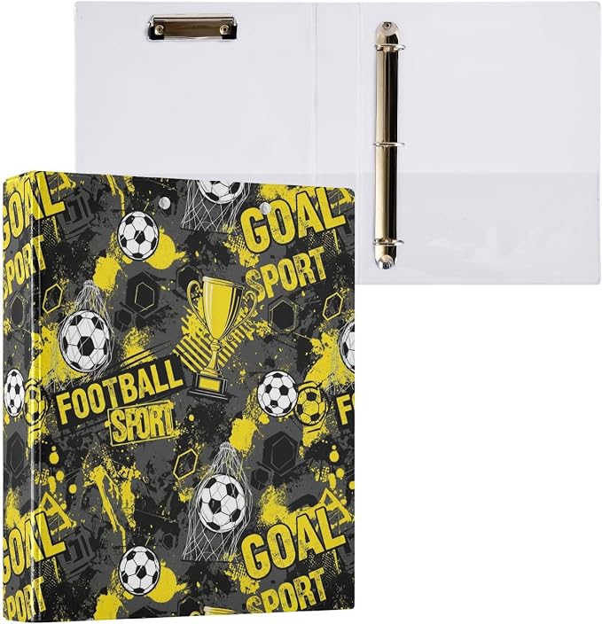 Aslsiy Kids 3 Ring Binder 1.5 Inch Football Yellow Soccer Gray Girls Round Clipboard Binder Decorative Harcover Binders Organizer for Office School Supply