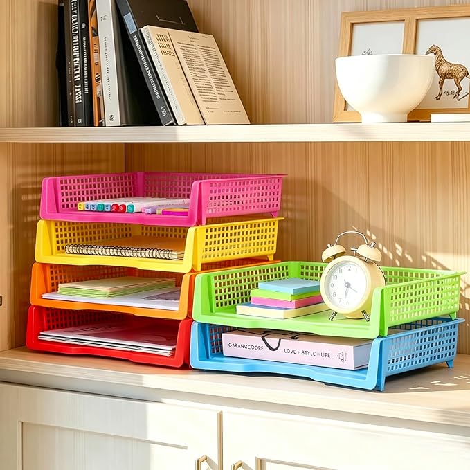 ZZYFGH 6 Pack Turn in Trays Classroom, Colorful Turn in Trays for Teachers, Plastic Classroom Paper Organizers, Stackable Tray for Classroom, Library, Drawers, Office Desk(13.4 * 9.5 * 2.7in)