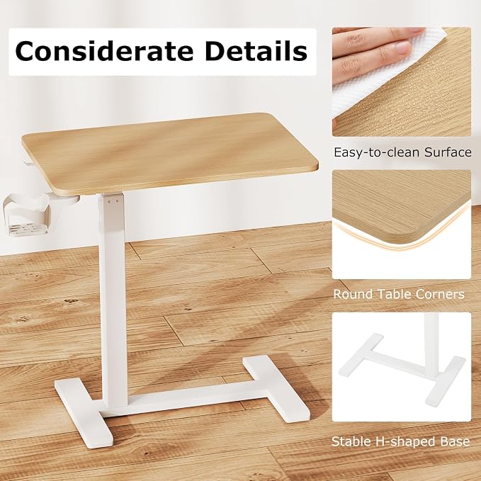 Tangkula Mobile Standing Desk, Pneumatic Height Adjustable Rolling Desk with Cup Holder & Headphone Hook, Overbed Table with Hidden Wheels, Laptop Computer Cart for Couch, Home, Office (Natural)