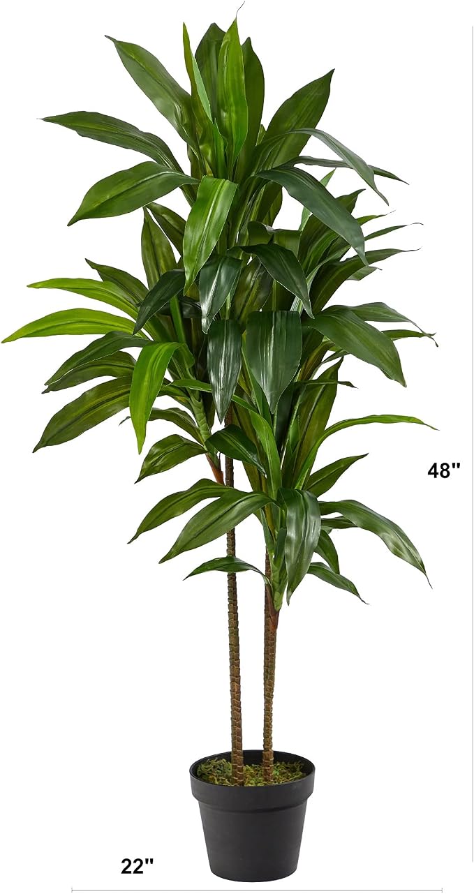 Nearly Natural 48 in Artificial Dracaena Real Touch Plant with Pot | Multi-Tonal Trunks, Large Indoor Silk Plant, Maintenance-Free, Living Room and Home Office Decor