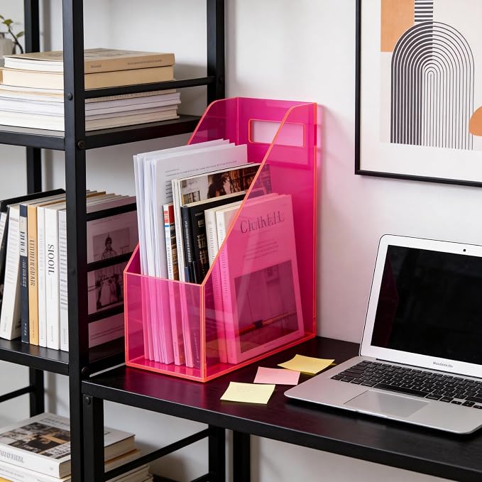 Acrylic Magazine Rack Desk File Holder Organizer for Office Desktop Vertical Magazine Storage Box, 12 x 10 x 5'', Neon Pink