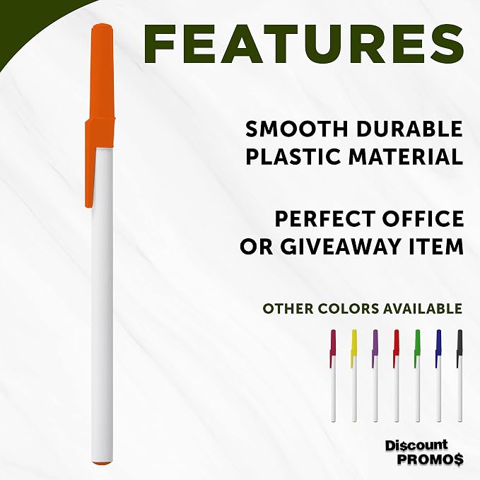 DISCOUNT PROMOS Value Stick Pens Set of 10, Bulk Pack - Blue Ink, Great for Office, School, Business, Tradeshows, Events - Orange Cap
