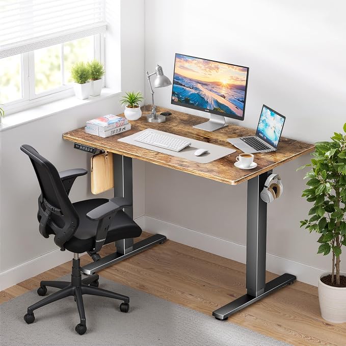 48 x 24 in Electric Standing Desk - Memory Height Adjustable | Ergonomic Sit-to-Stand Rising Computer Table Gaming Workstations with 2 Hooks and Wire Hole for Home Office, Brown