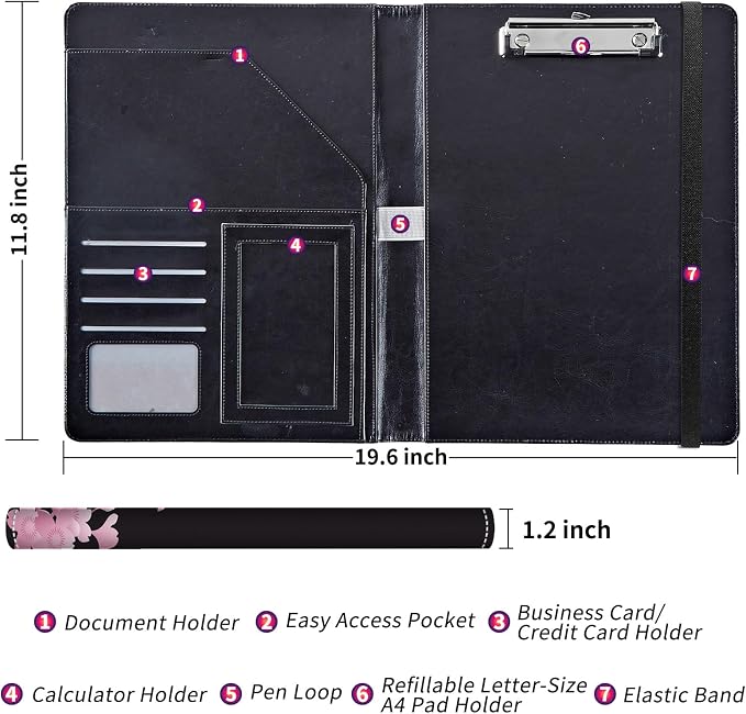Padfolio/Portfolio Folder Clipboard,Padfolio Clipboard,Writing Portfolio Leather with Cover for Card Holder Slot Letter Size A4 for Office Conference Notepad Clip Boards,Cherry Blossoms