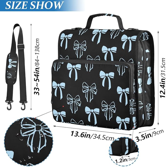 Bow Knot Blue Black Zipper Binder with Shoulder Strap Bag 3 Ring Binder Organizer Large Capacity Multiple Compartments for School Office