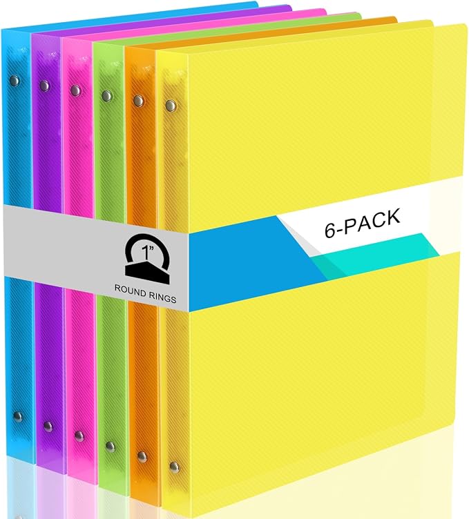 Fulmoon 6 Pack 1 Inch Plastic 3 Ring Binders with Pockets, Neon Colors | Flexible Covers with Round Rings and Front Pockets for Organizing Papers at School, Office, Meetings and Presentations