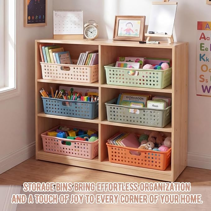 Geetery 6 Pack Classroom Storage Baskets with Handle,Boho Color | 14''x10'' Paper Tray Holds A4 Turn in Trays Plastic Paper Baskets Desk Organizer Bin for Classroom, Library, Office, Home
