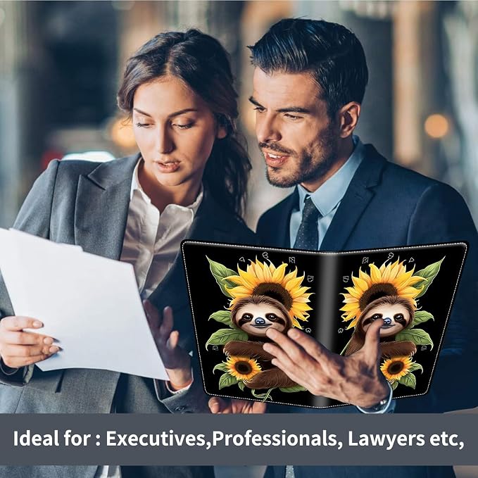 Padfolio/Portfolio Folder Clipboard,Padfolio Clipboard,Writing Portfolio Leather with Cover for Card Holder Slot Letter Size A4 for Office Conference Notepad Clip Boards,Lovely Sloth Sunflower