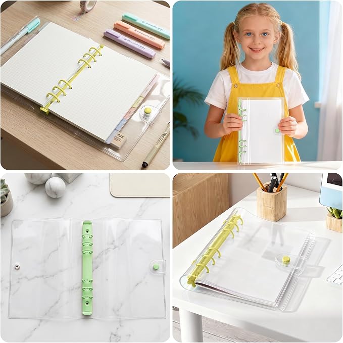 A5 Binder 6 Ring, Clear PVC Notebook Cover, Refillable Planner | Loose Leaf Budget Binder with Snap Button Closure, Round Ring Binder for School Office Home, 2 Pack, Green and Yellow