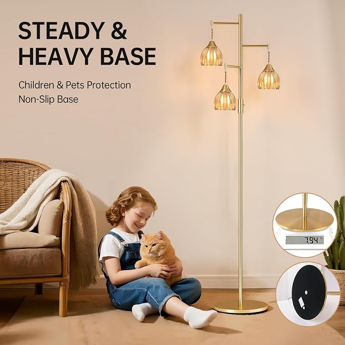 Shenmoyl Stepless Dimming Floor Lamps for Living Room, Bedroom, Gold Standing Lamp with 3pcs 6W Bulbs, Vintage Brass Floor Lamp for Corner, Nursery (Amber Tulip)
